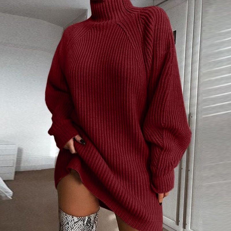 Cotton Turtleneck Raglan Sleeve Split Hem Sweater