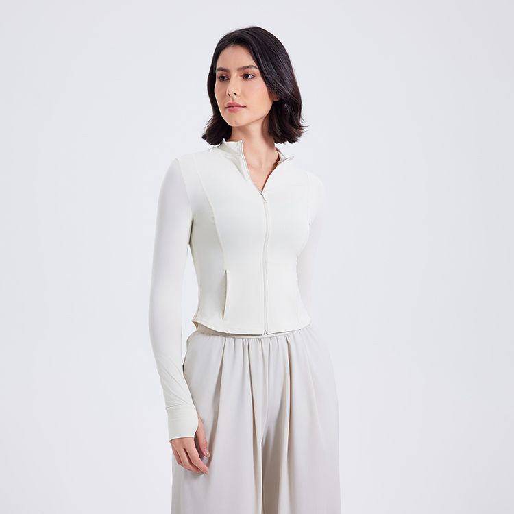 White Stand-up Collar Zip-up Wide-leg Pantsuit