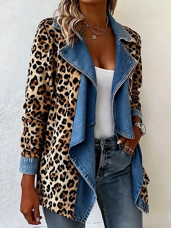 Women'S Casual Contrast Color Stitching Leopard Print Jacket