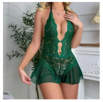 Sexy Hollow Lace See-through Suspenders Open Crotch One-piece Pajamas