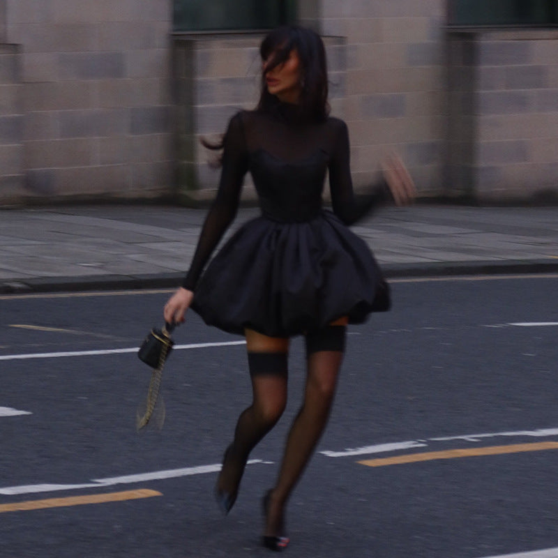 Chic Black Tulle Accent Puff Skirt Dress