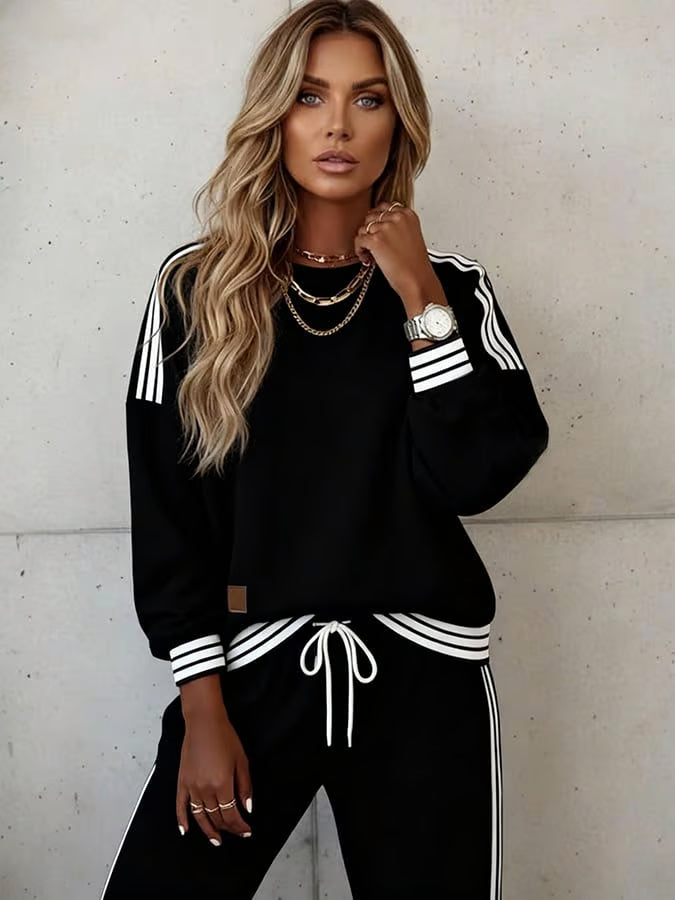 Women'S Casual Round Neck Contrast Color Sweatshirt Two-Piece Set