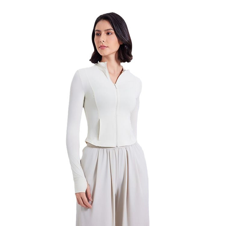White Stand-up Collar Zip-up Wide-leg Pantsuit