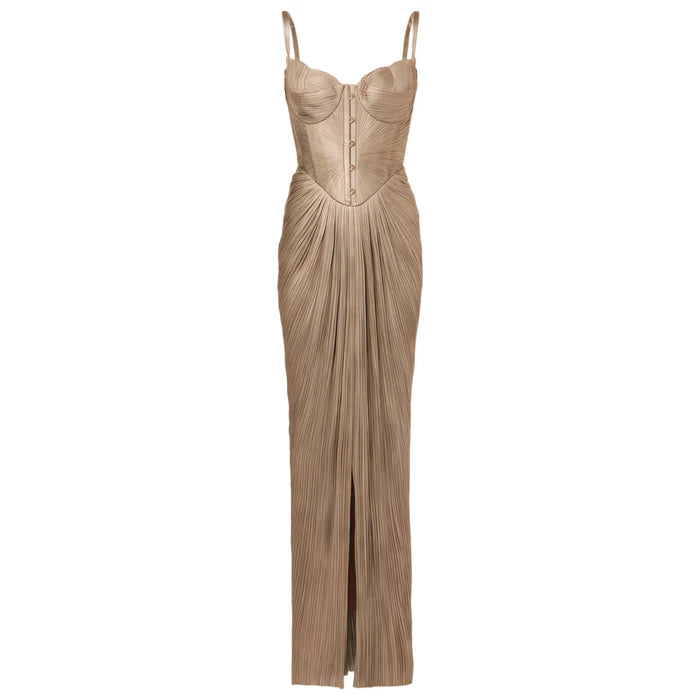 Nicoletta Gold Glossy Pleated Corset Maxi Dress