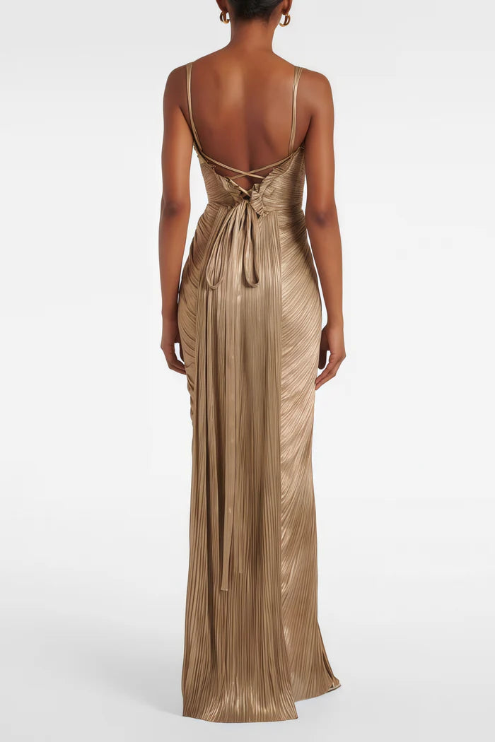 Nicoletta Gold Glossy Pleated Corset Maxi Dress
