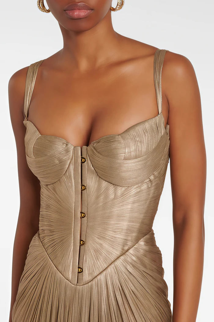 Nicoletta Gold Glossy Pleated Corset Maxi Dress