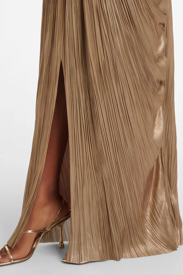 Nicoletta Gold Glossy Pleated Corset Maxi Dress