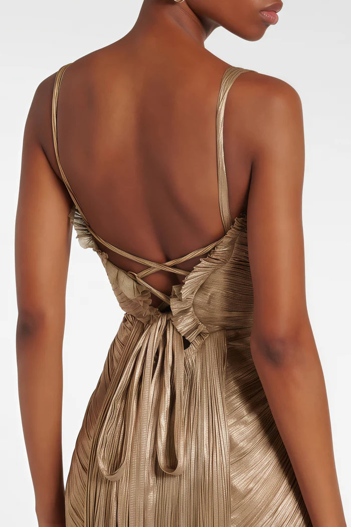 Nicoletta Gold Glossy Pleated Corset Maxi Dress