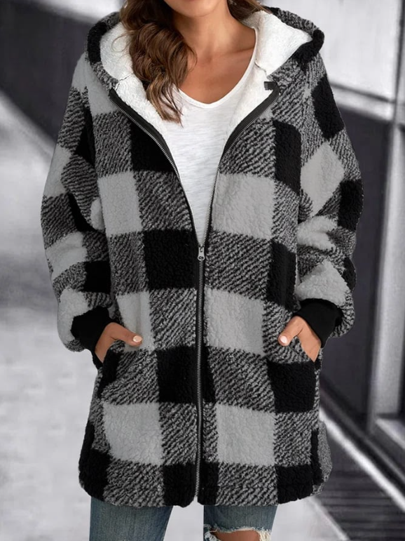 Women Oversized Hoodie Plaid Loose Overcoat