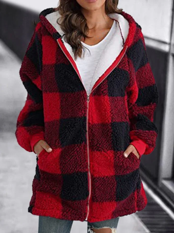 Women Oversized Hoodie Plaid Loose Overcoat