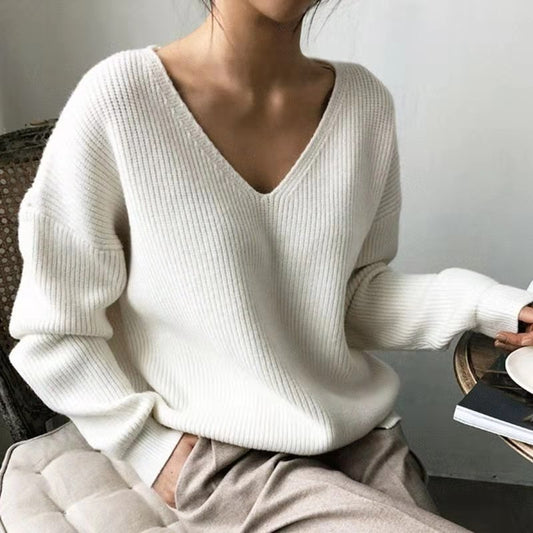 Elegant Rib-Knit V-Neck Batwing Sweater