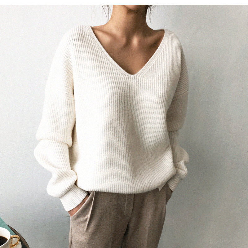 Elegant Rib-Knit V-Neck Batwing Sweater
