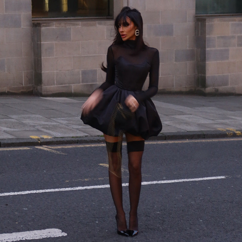 Chic Black Tulle Accent Puff Skirt Dress