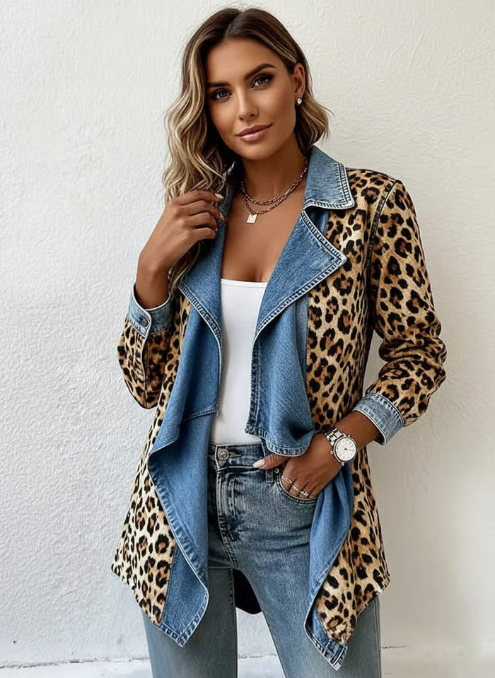 Women'S Casual Contrast Color Stitching Leopard Print Jacket