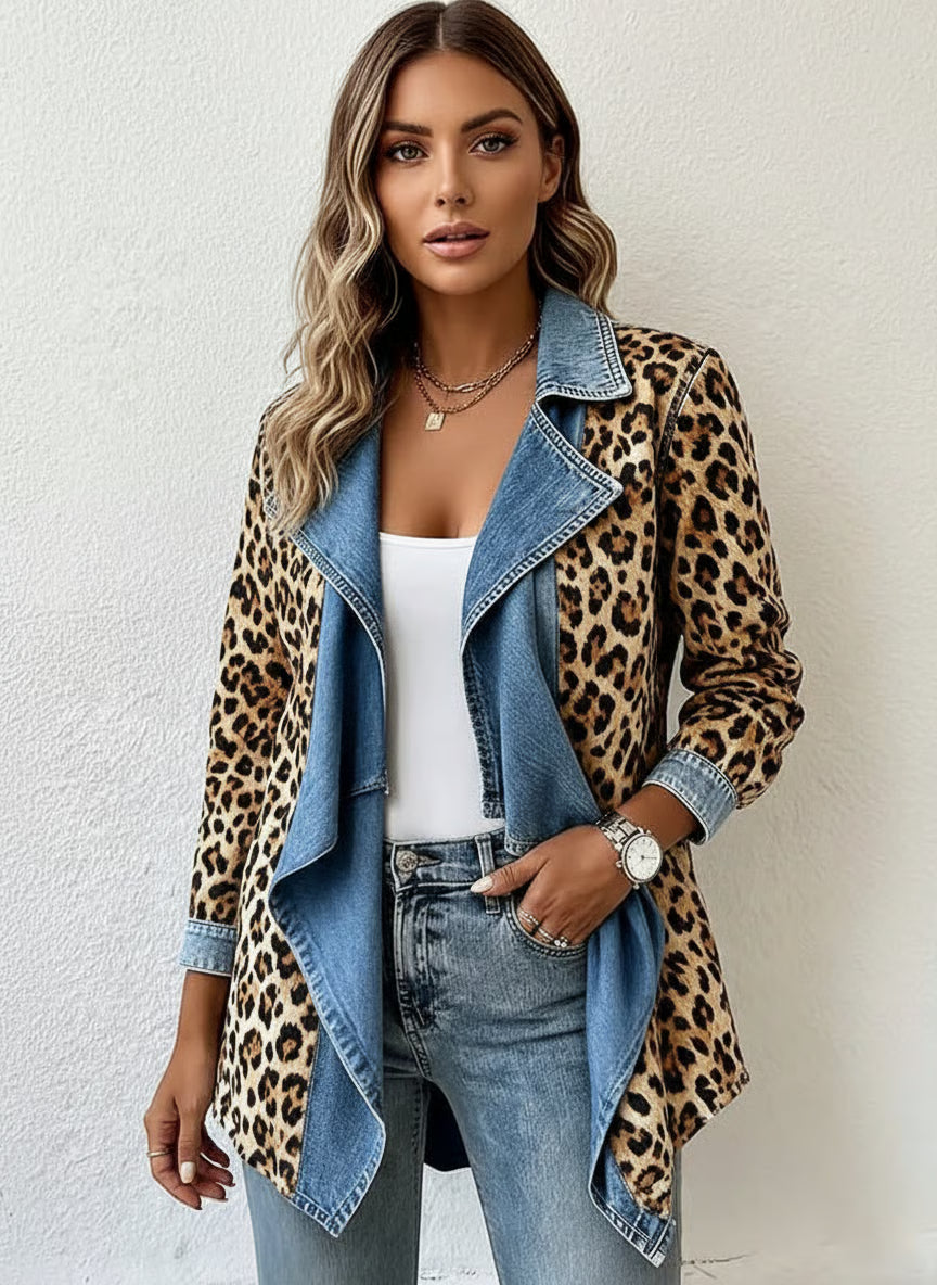 Women'S Casual Contrast Color Stitching Leopard Print Jacket