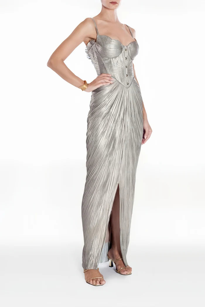Nicoletta Gold Glossy Pleated Corset Maxi Dress