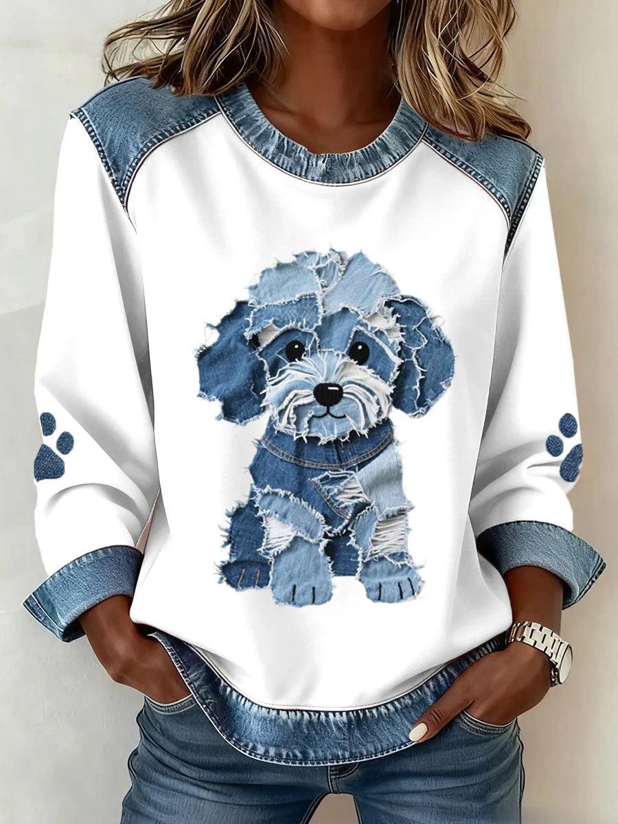 Lovey | Cozy Denim Patchwork Puppy Sweater
